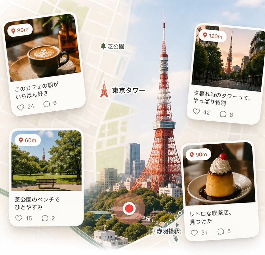 東京タワー周辺の地図にカフェや公園の投稿カードが浮かぶVlocのイメージ